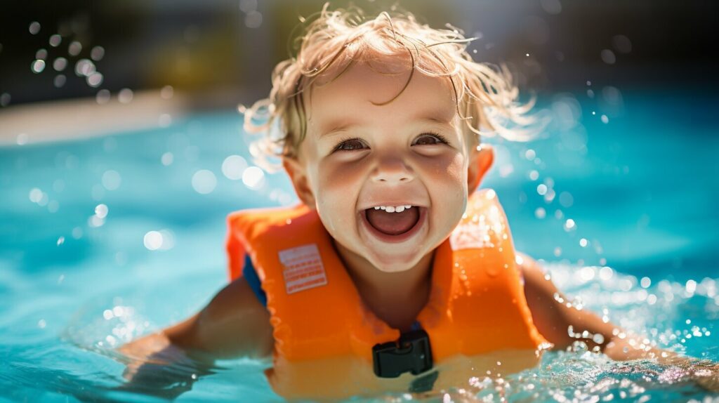 child wearing life jacket in a swimming pool