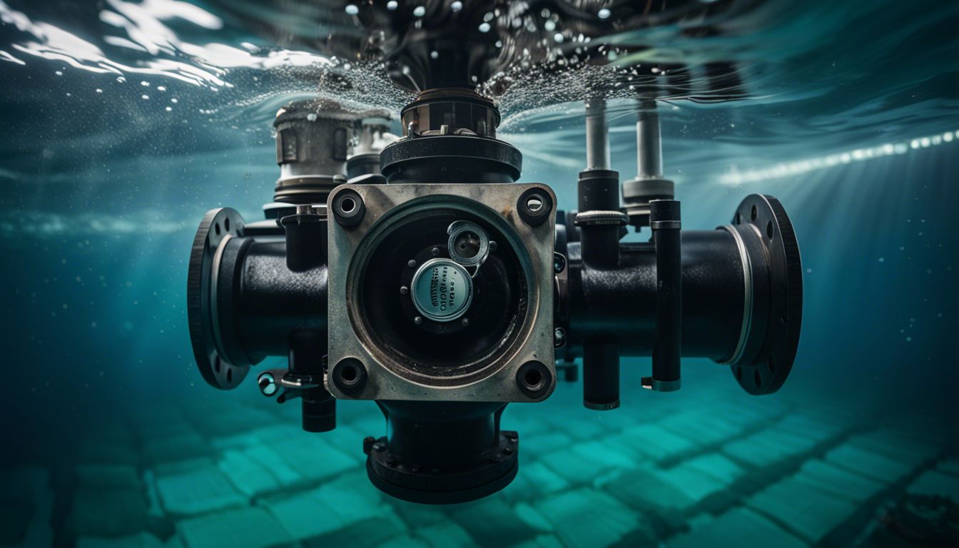 An underwater photograph of a broken multiport valve in a pool system.