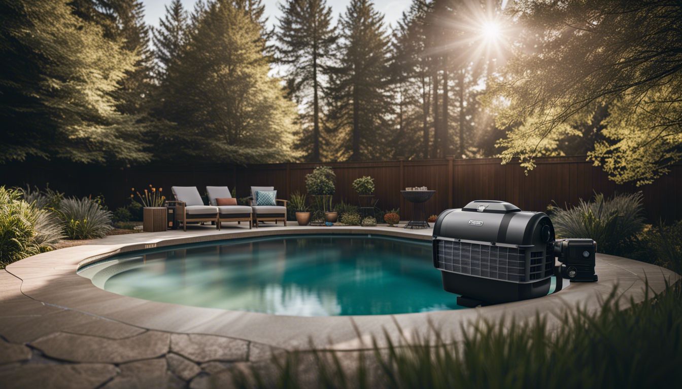 A clean pool filter system with clear water in a well-kept backyard, creating a tranquil and inviting atmosphere.