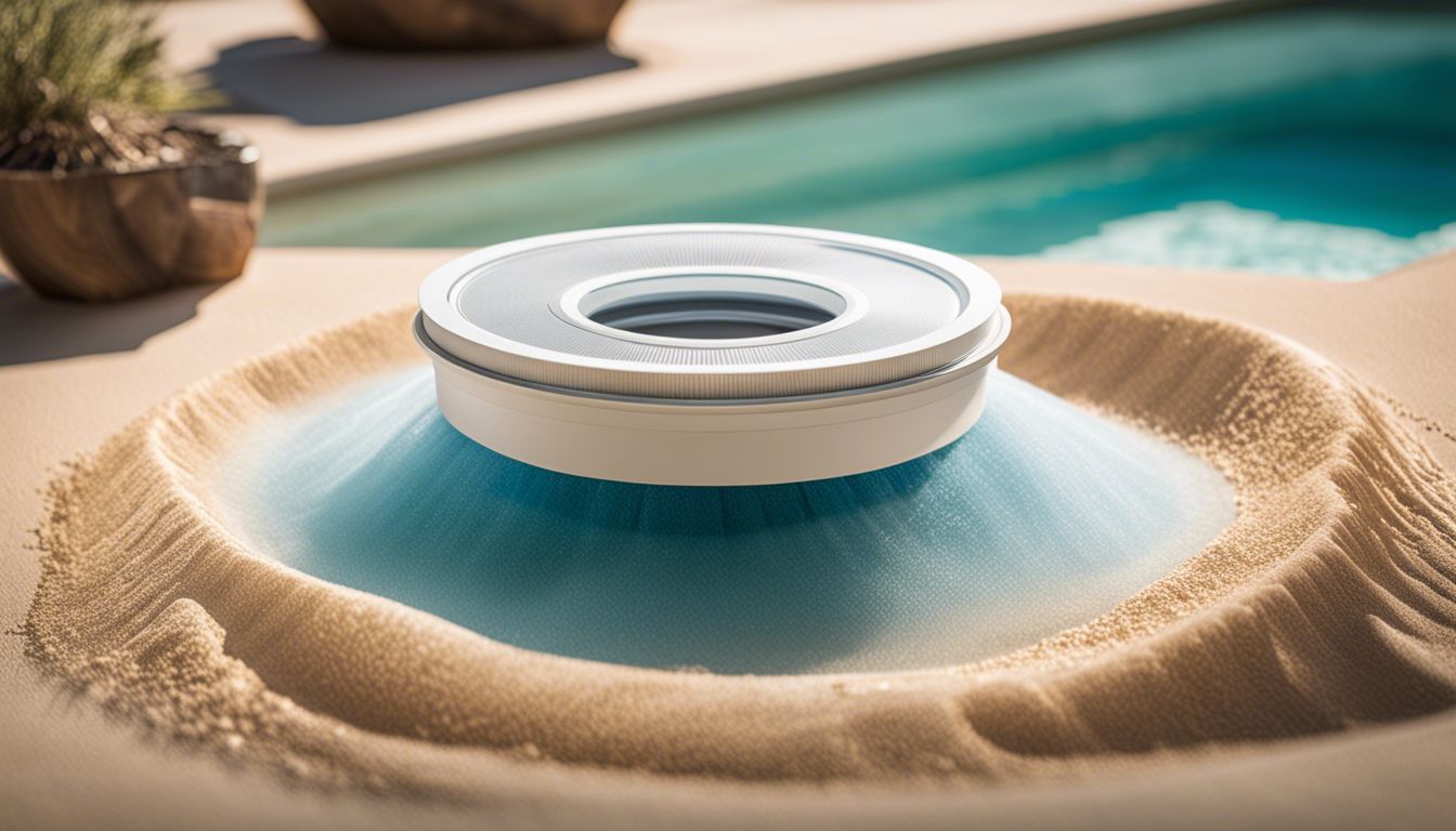 A pool filter surrounded by different types of recommended sand, showcased in a vibrant and lively atmosphere.