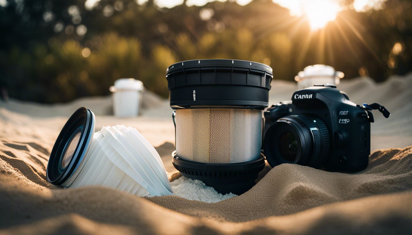 A broken pool filter with sand, captured in nature photography style, emphasizing the pool equipment.