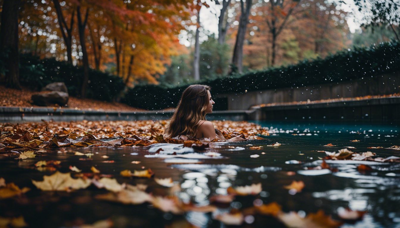A pool surrounded by fallen leaves and debris after heavy rain, capturing a bustling atmosphere and vivid colors.
