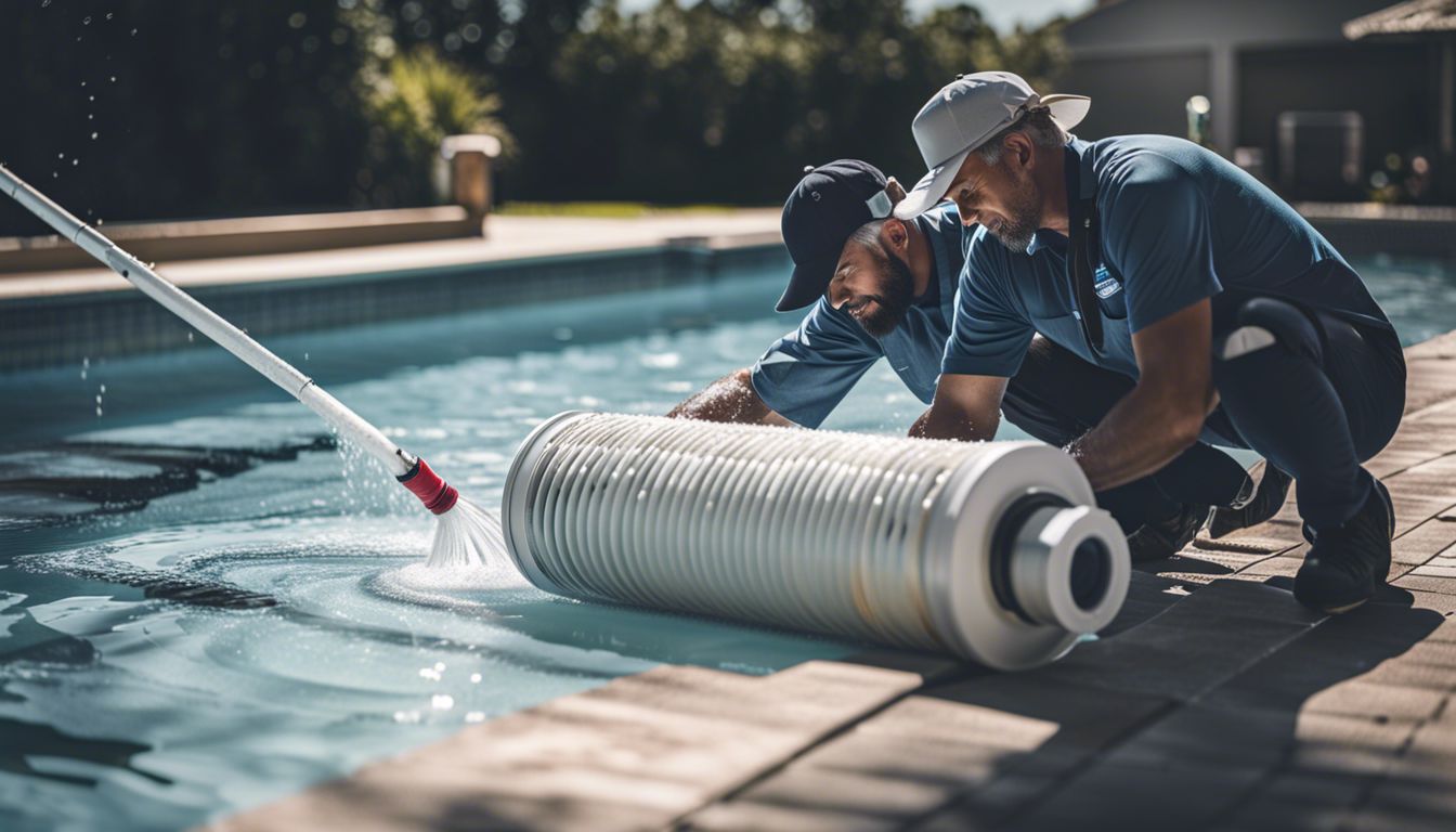 A pool maintenance technician backwashing a pool filter in a bustling atmosphere, captured in high resolution.