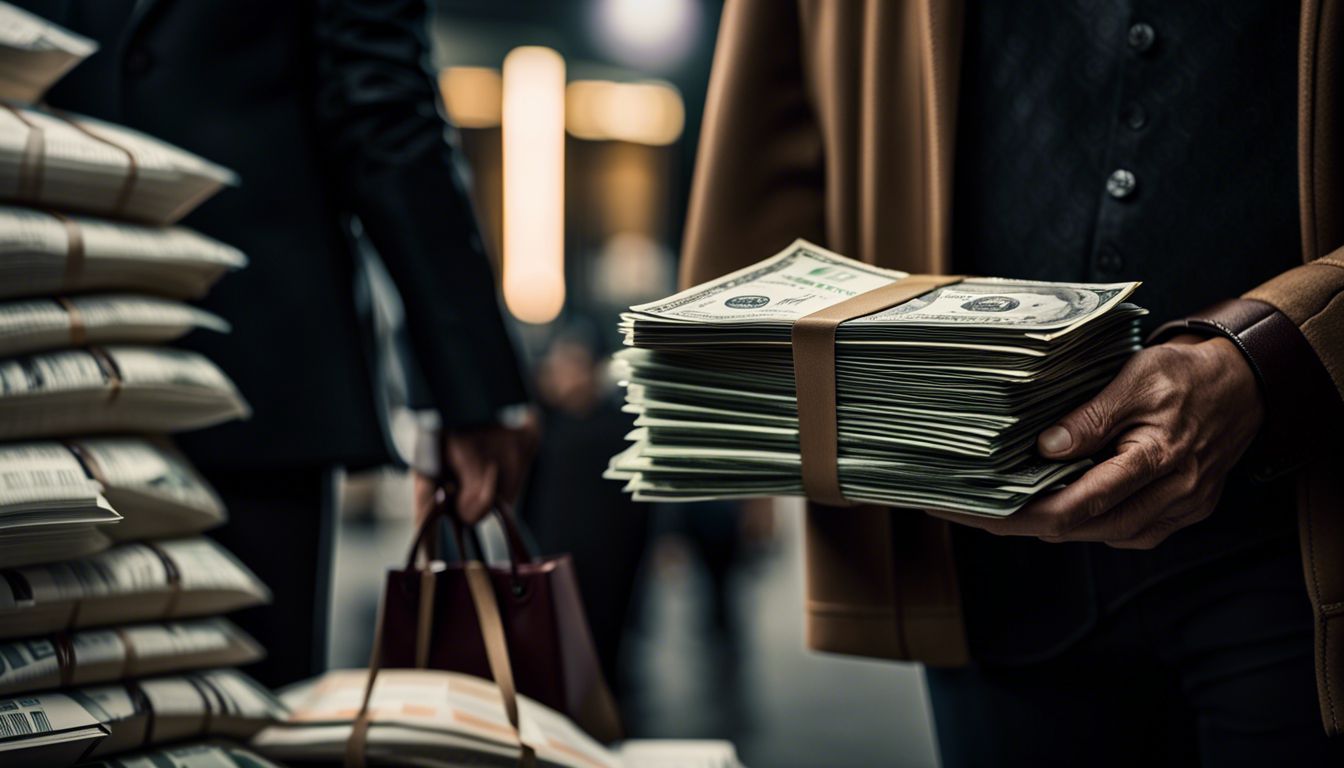 A person holding money and shopping bags in a busy atmosphere, with a focus on business finance.