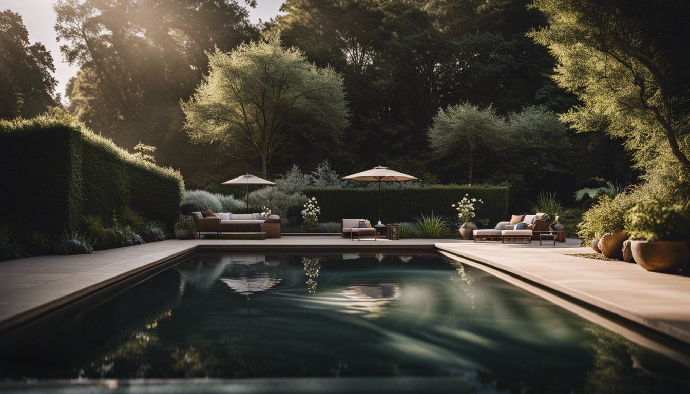 A peaceful backyard oasis with a pool surrounded by greenery, captured with a high-quality camera.