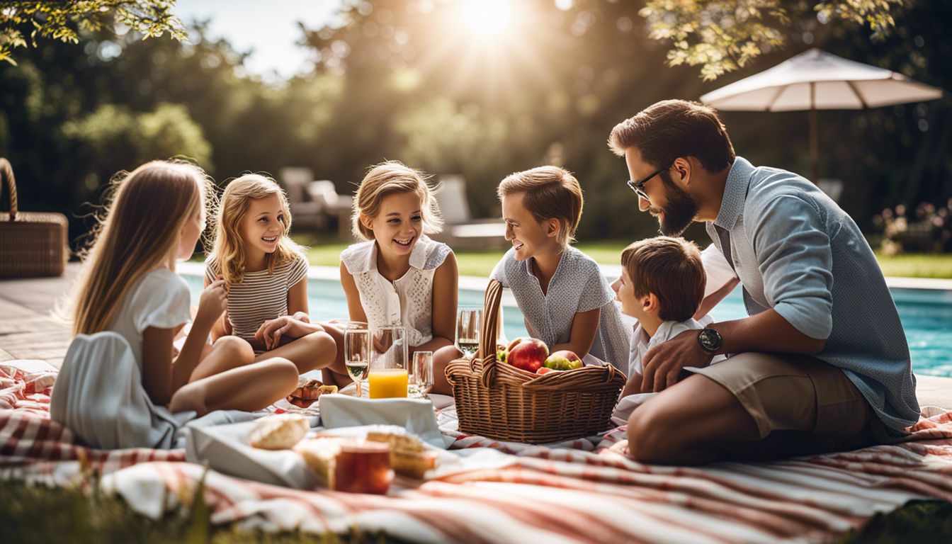 A joyful family of four enjoying a picnic by the pool, captured in high-quality, vibrant detail.
