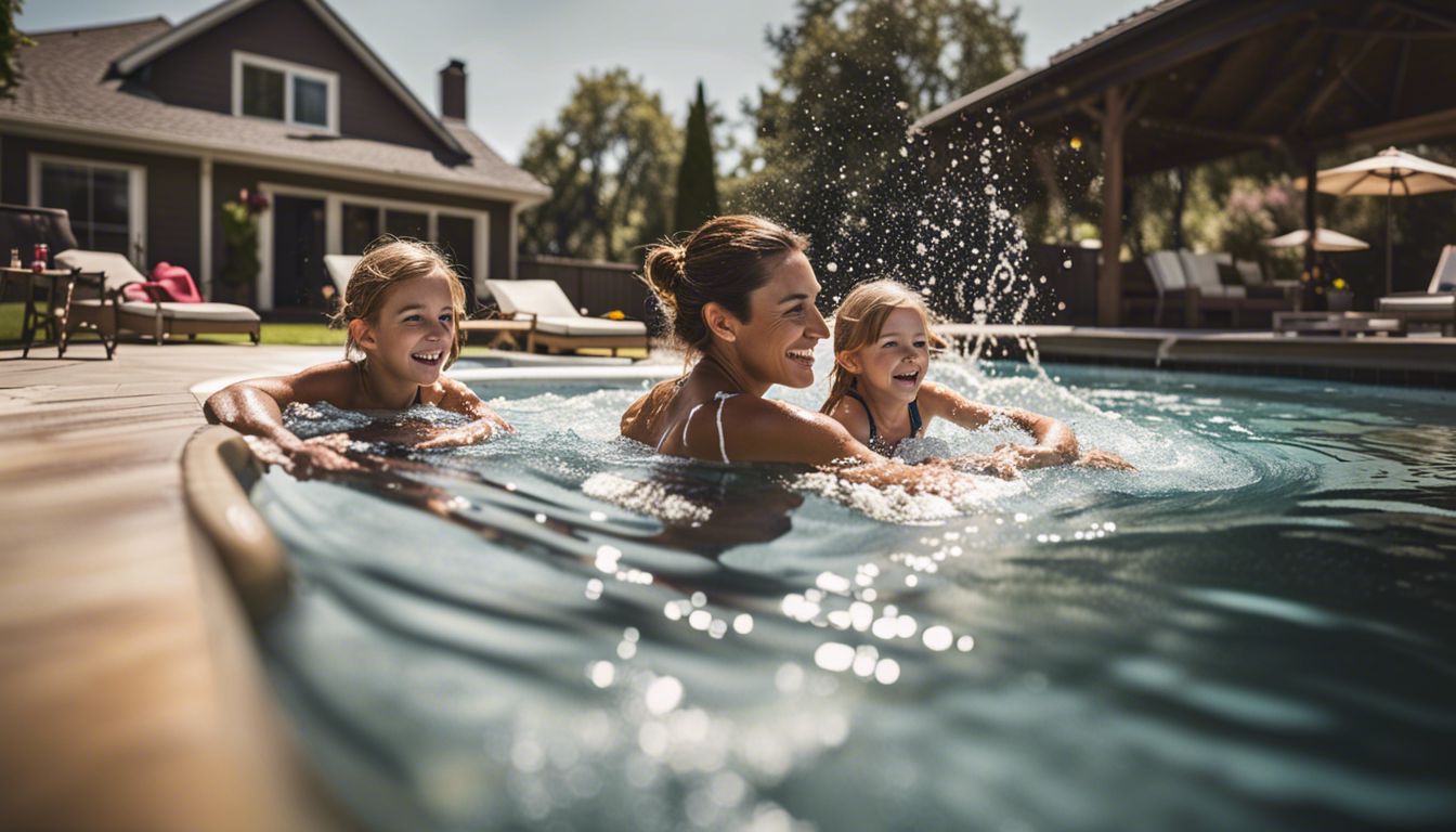 A family having fun in a backyard pool on a sunny day, captured in a high-quality photograph.