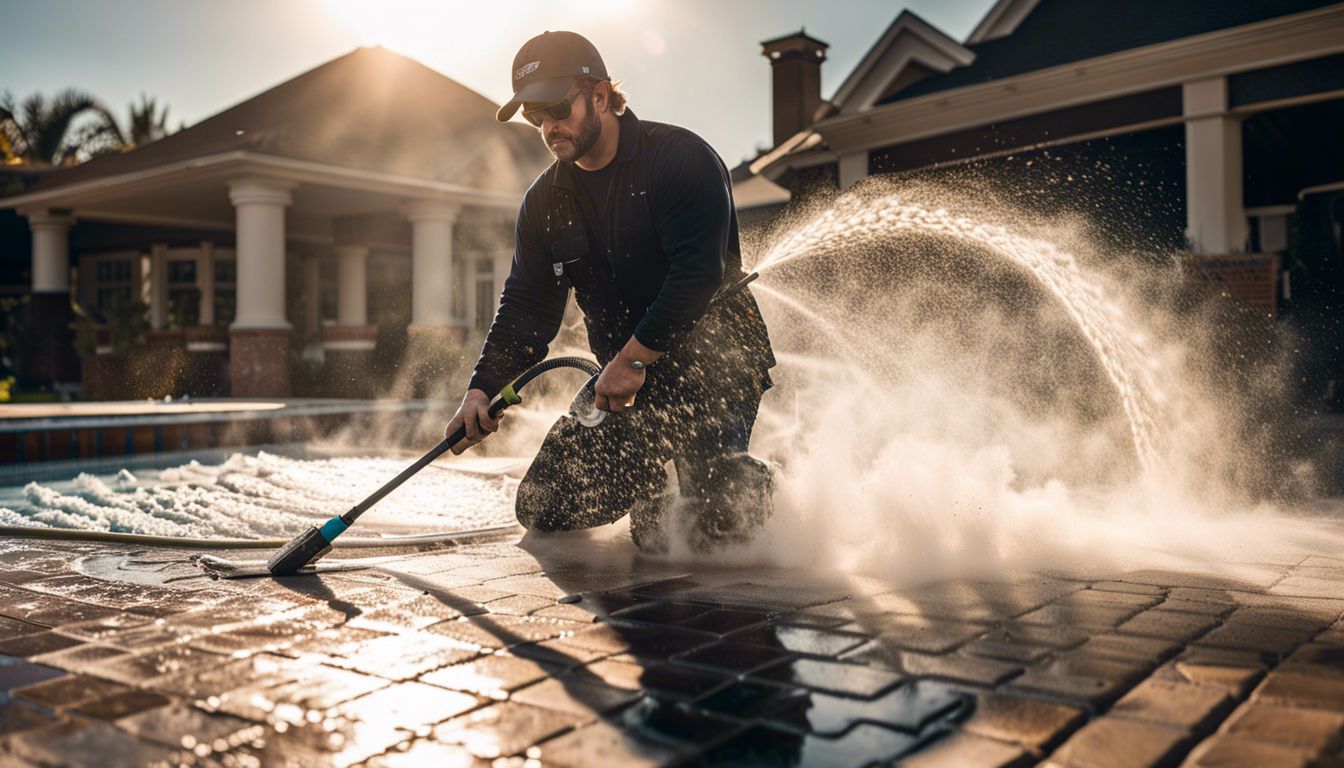 A professional bead blaster is pressure washing pool tiles with high-pressure water and abrasive particles.