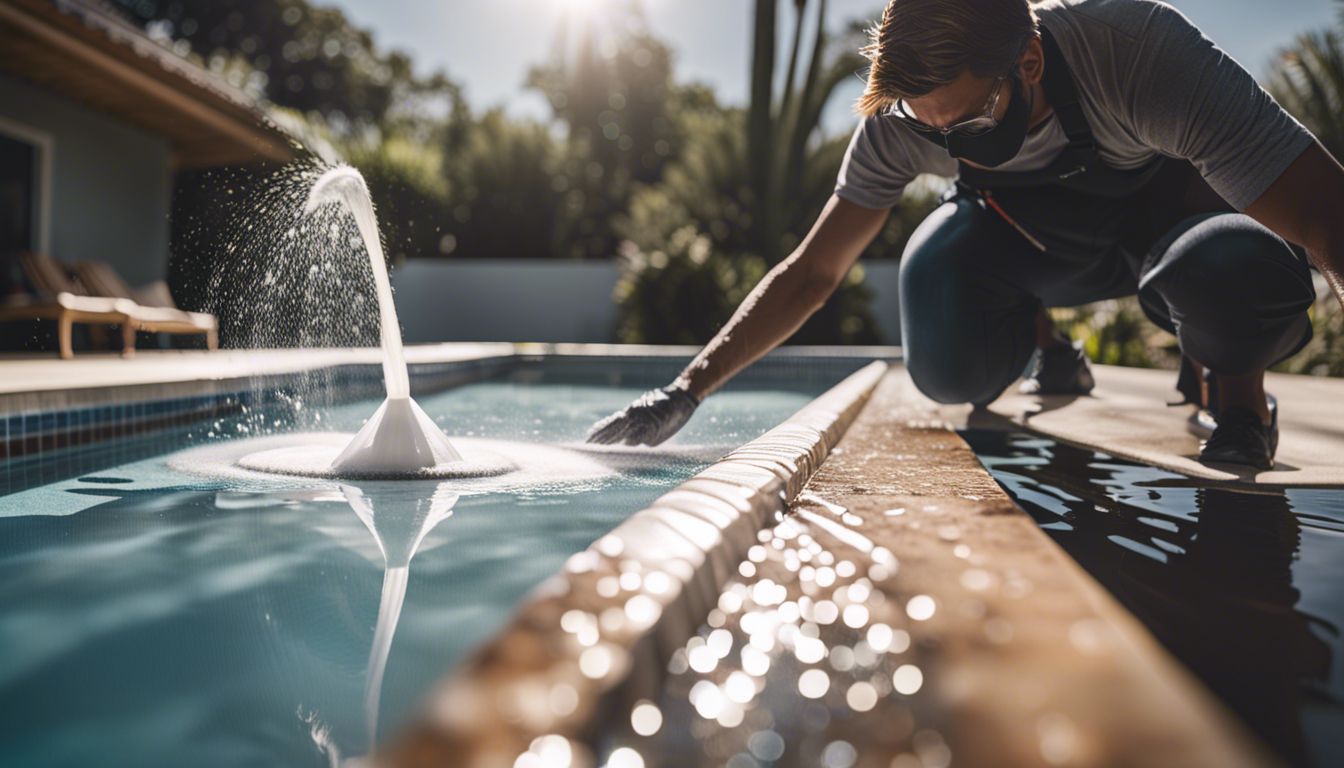 A person cleans pool tiles using a mixture of vinegar and baking soda.
