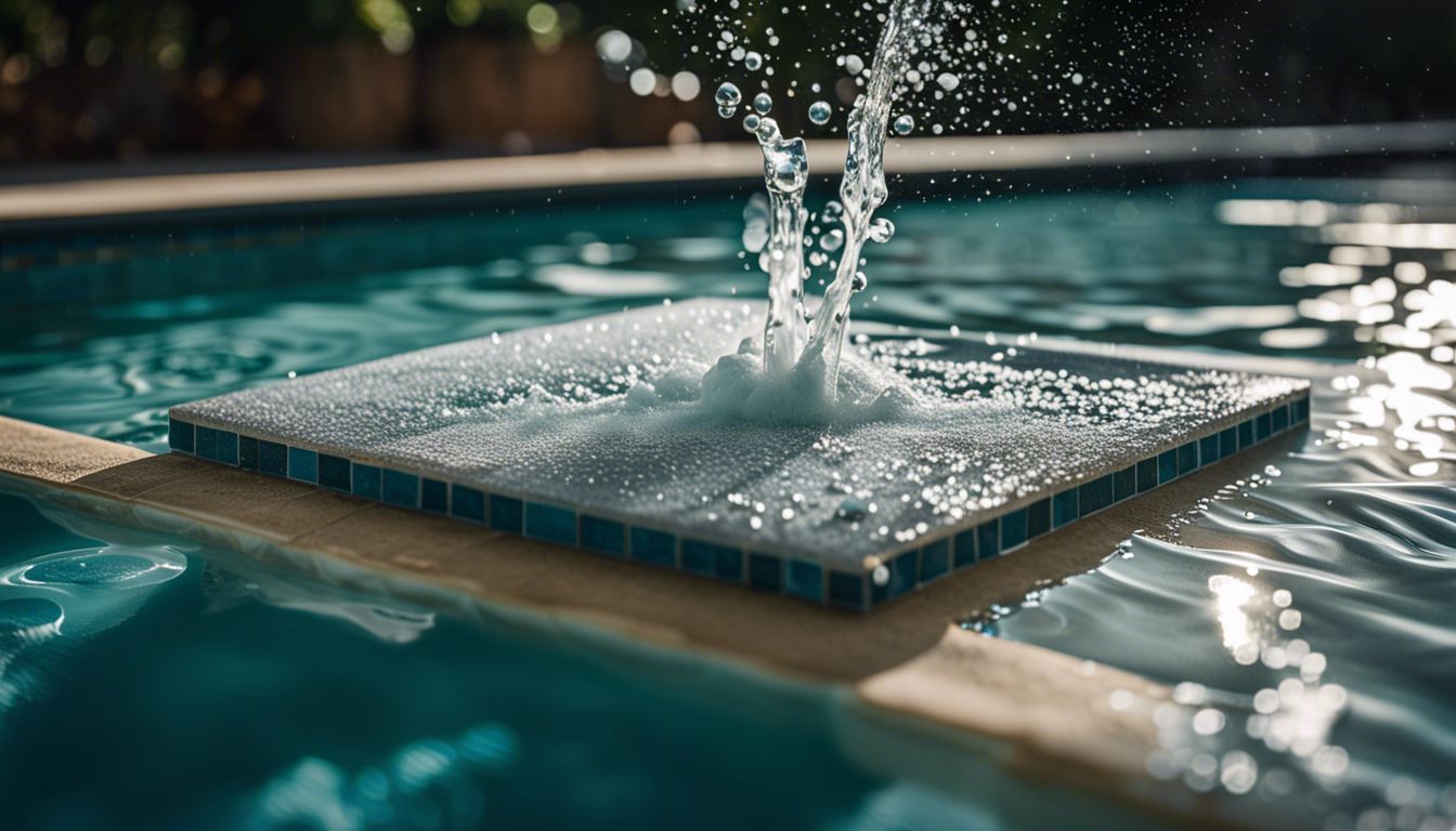 Close-up of a pool tile with calcium buildup being dissolved by a stain remover, showcasing photorealistic details in crystal clear 8K UHD.