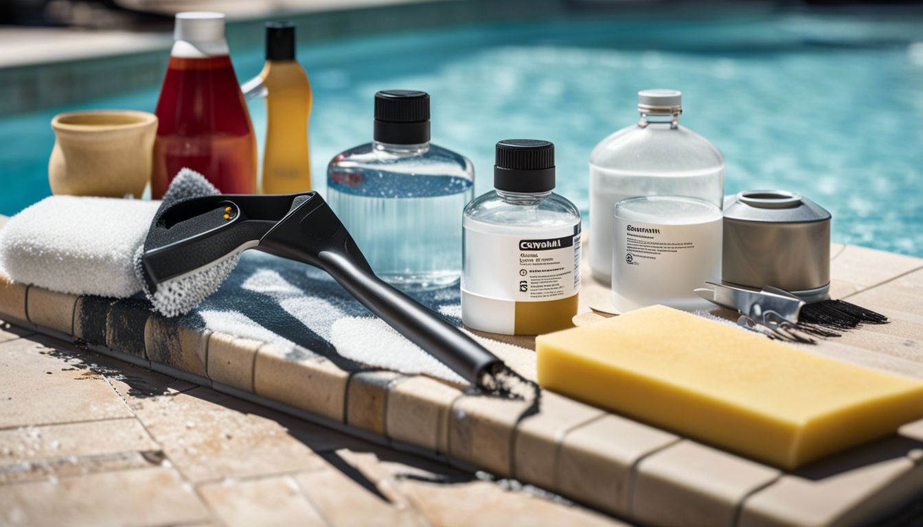 Close-up tools and chemicals for removing calcium from pool tiles, with a bustling atmosphere and sharp focus.