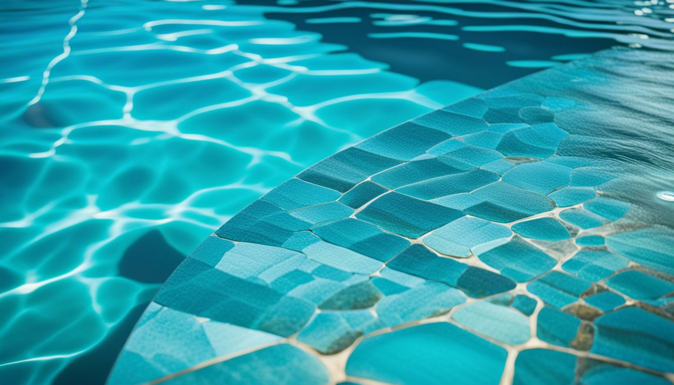 A pool with stain-free tiles reflecting clear blue water, creating a vibrant and inviting atmosphere.