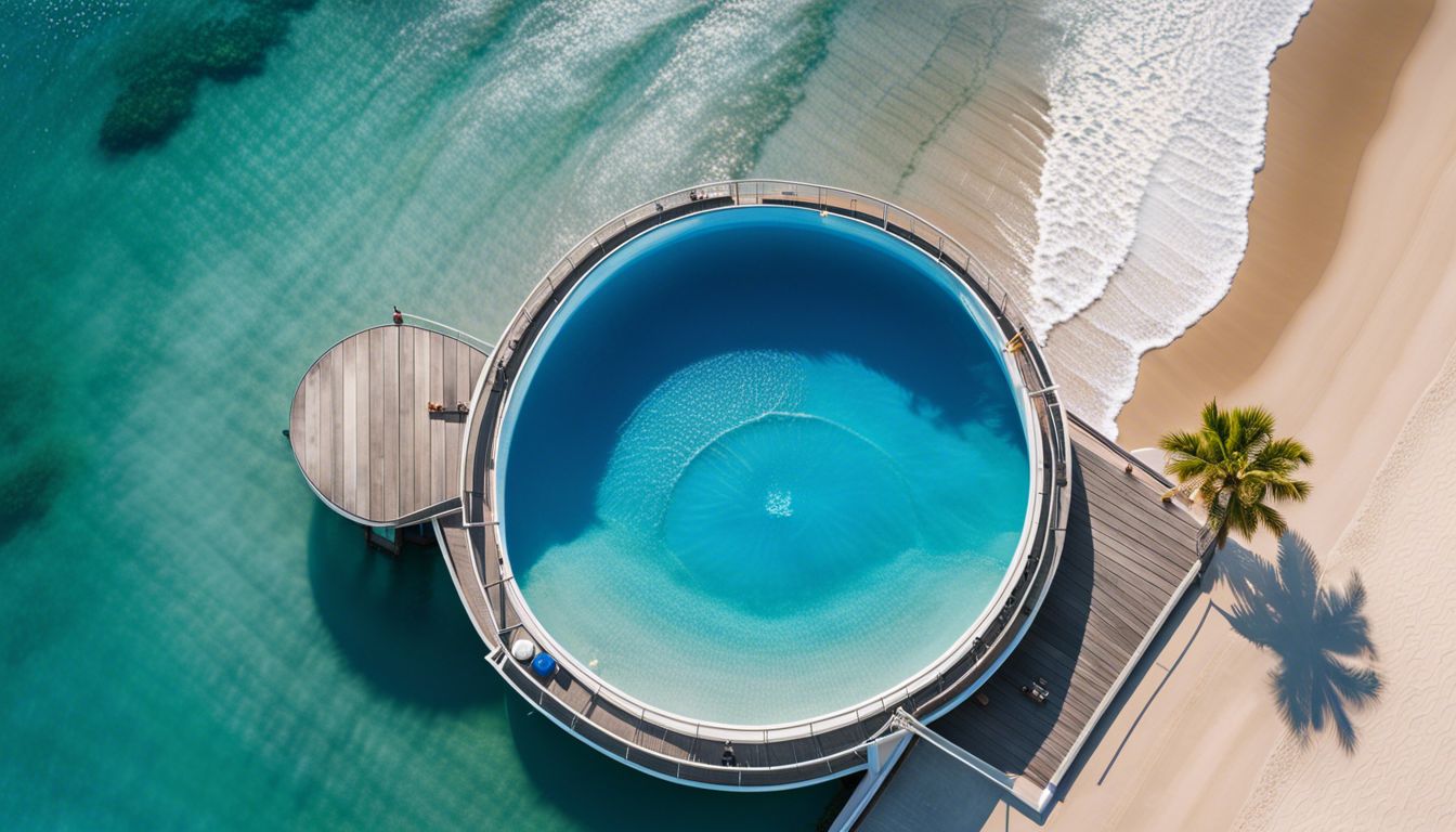 An aerial shot of a pool sand filter system surrounded by blue water, creating a crystal clear and bustling atmosphere.