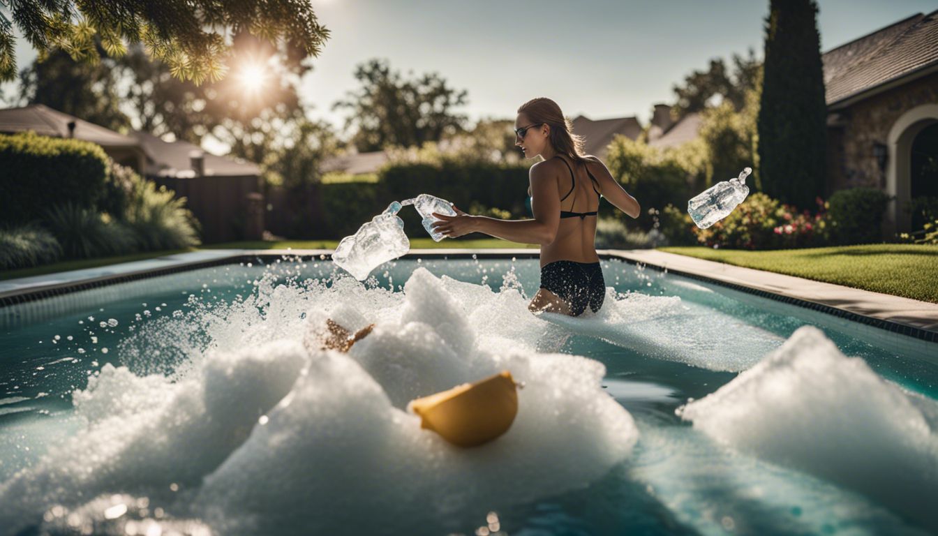 A person throws bags of ice into a backyard swimming pool surrounded by a lush landscape.