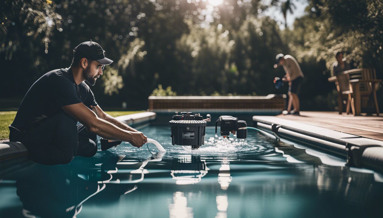 A pool technician inspecting and maintaining a pool filter system in a bustling atmosphere.