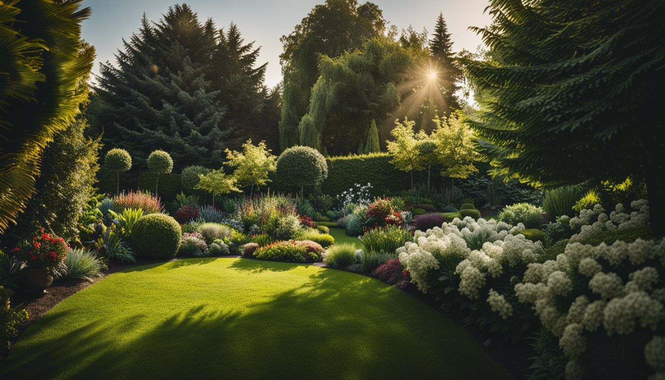 A vibrant backyard garden with trimmed trees and plants, capturing nature's beauty with a professional camera.