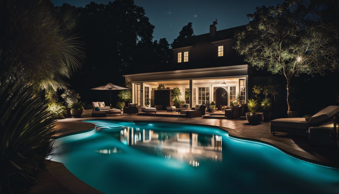 A serene nighttime pool surrounded by a peaceful backyard oasis, captured with a high-quality camera for stunning detail.