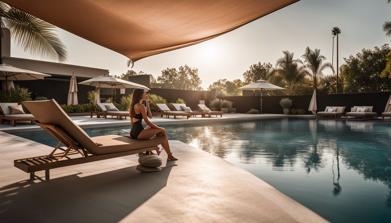The image depicts a vibrant poolside with shade sails, creating a cool and stylish atmosphere.
