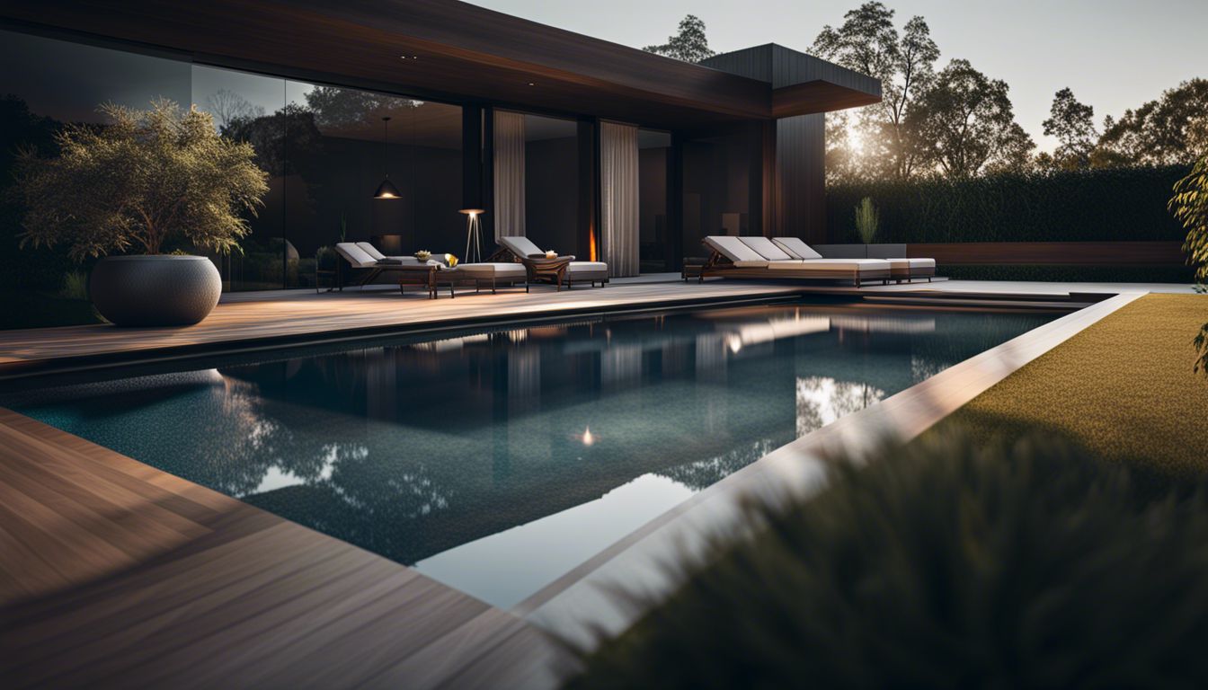 A modern pool with a beautiful view in a sloped yard, capturing a busy and lively atmosphere.