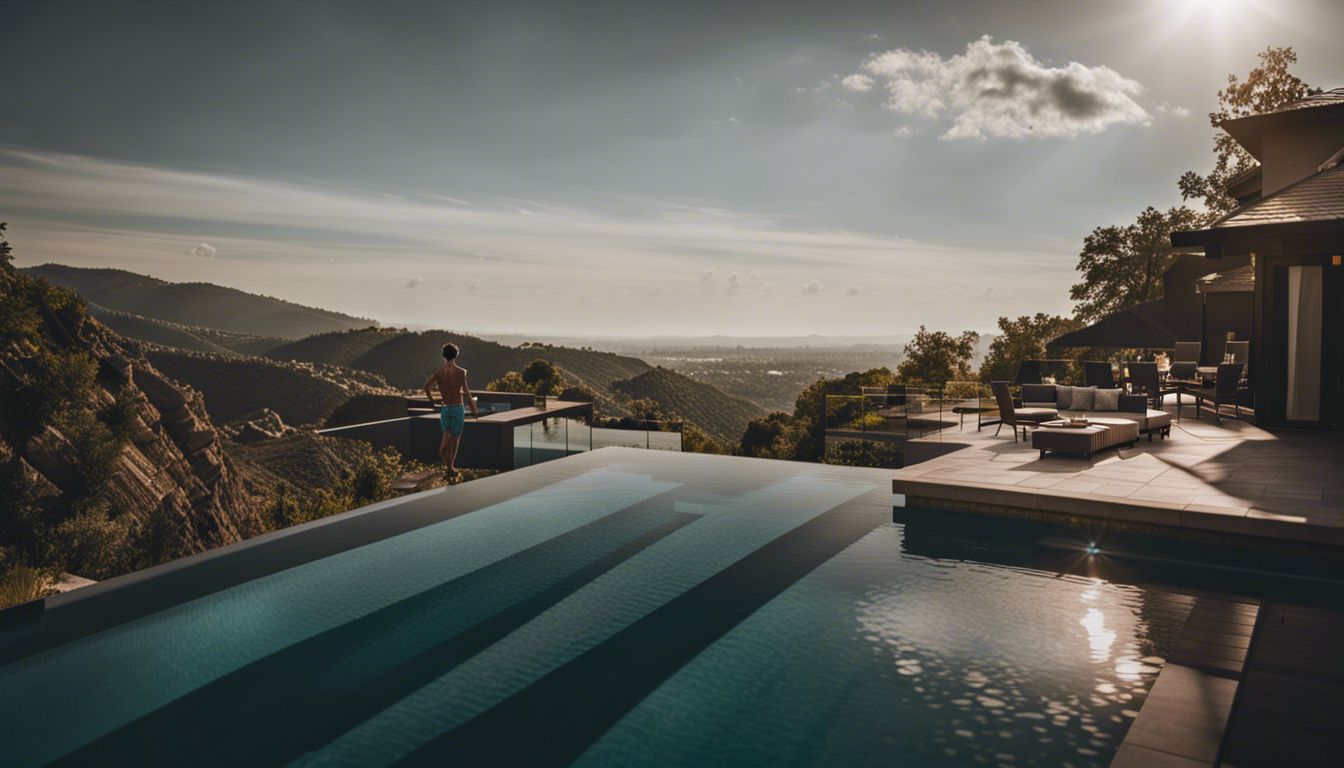 A beautiful infinity pool with a swim-up bar and multi-level patio area in a sloped yard.