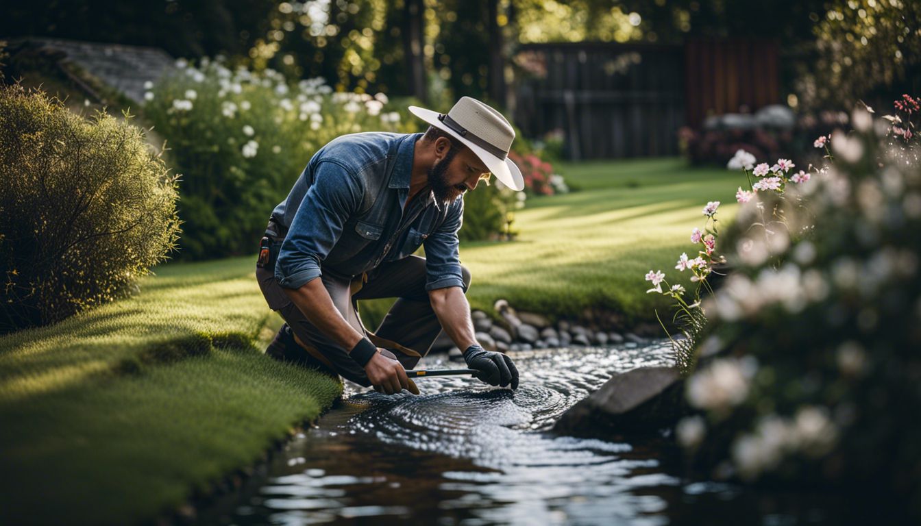 A landscaper measures water flow on a sloped yard with a bustling atmosphere; the image is in crystal clear quality.