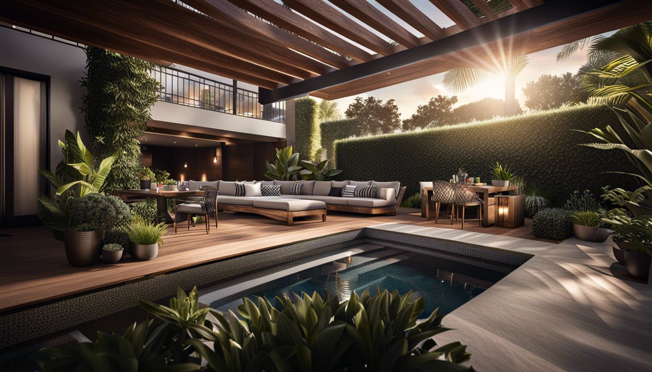 A luxurious outdoor seating area with lush plants, a pool view, and highly detailed eyes and skin.