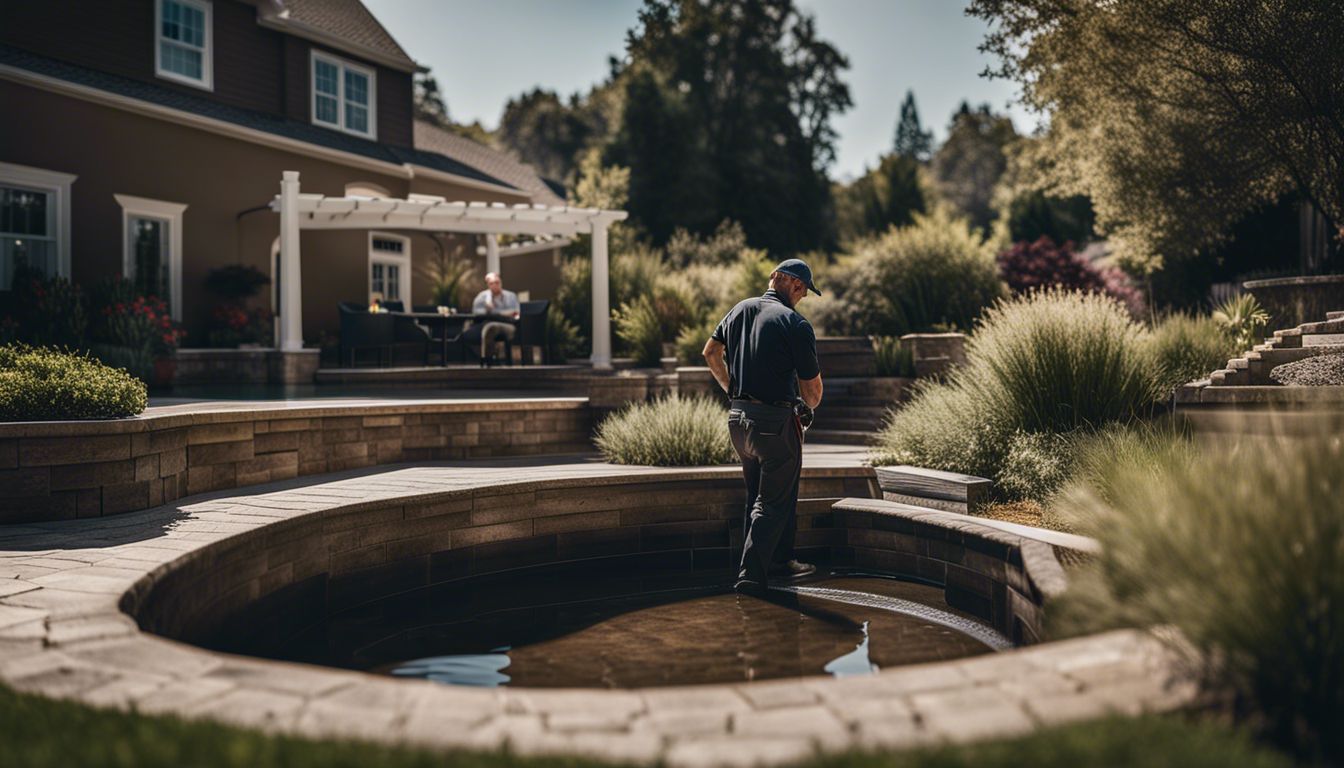 A landscaper examines the pool's drainage system on a sloped yard, ensuring it is properly installed.