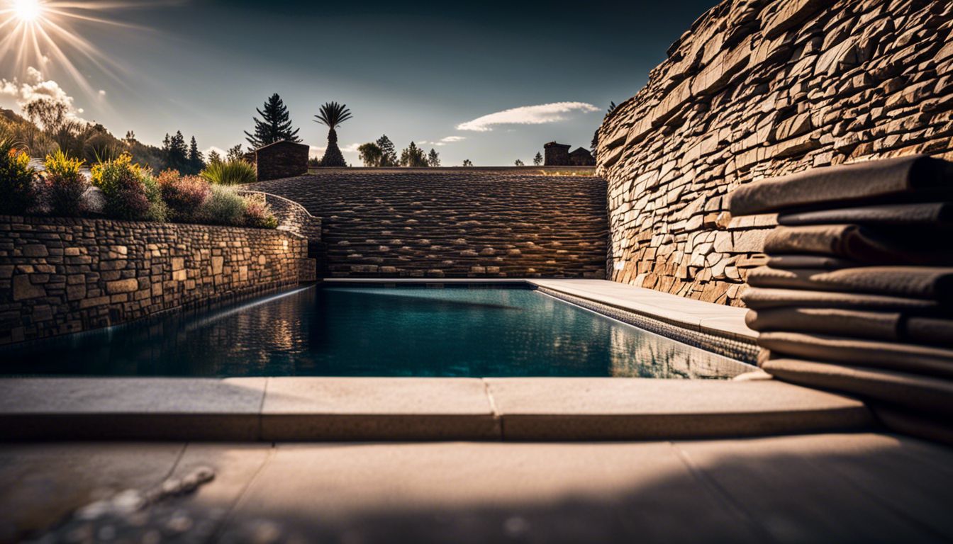 A stunning pool surrounded by stone walls, captured in high resolution for a realistic look.