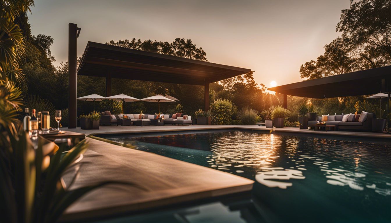 A luxurious swim-up bar in a tropical pool surrounded by lush landscaping, with a beautiful sunset in the background.