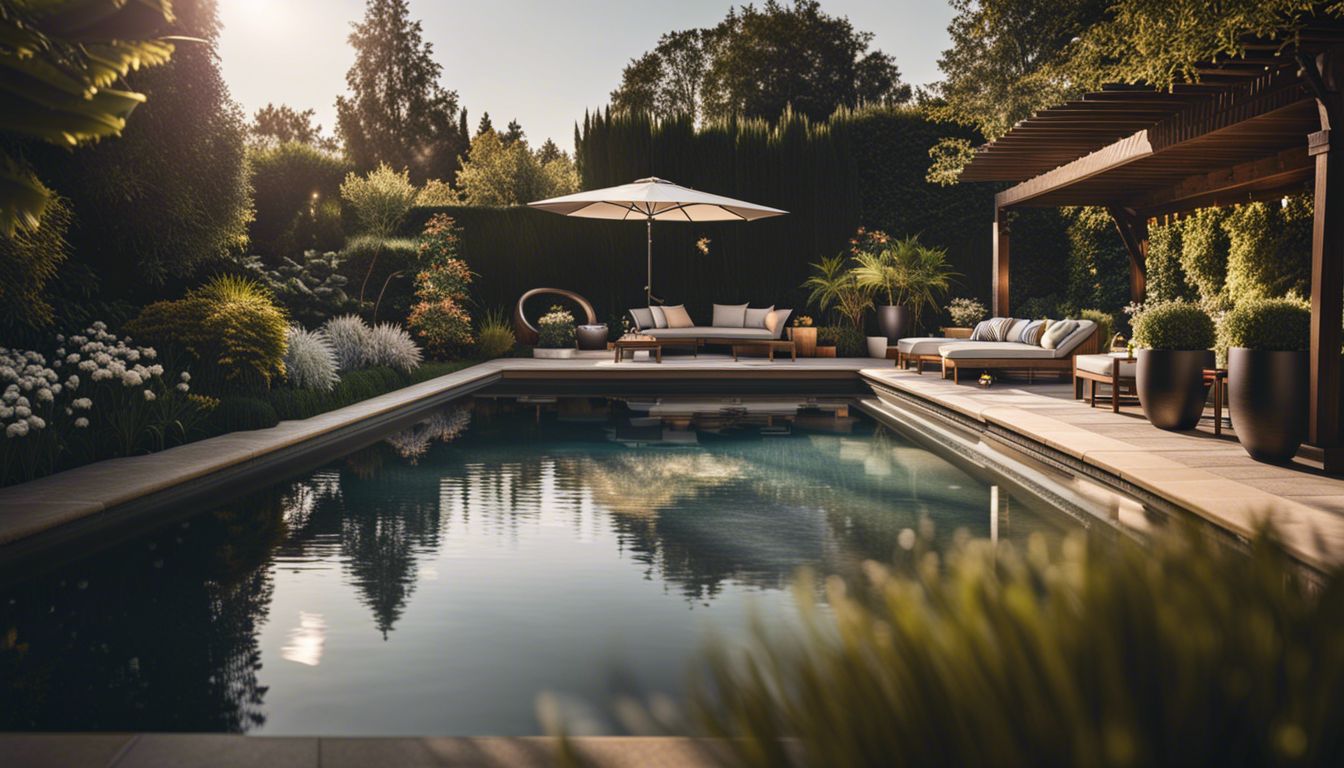 A beautiful backyard pool with terraced gardens and seating areas, captured in stunning detail and clarity.