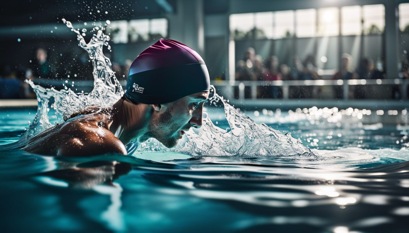 A swimmer wearing a colorful cap dives into a clear pool, capturing the vibrant atmosphere of sports photography.
