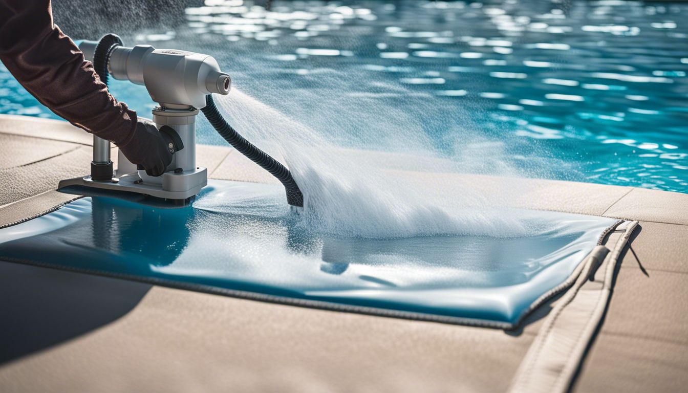 A pool cover pump is removing water from a pool cover in a bustling atmosphere with natural lighting.