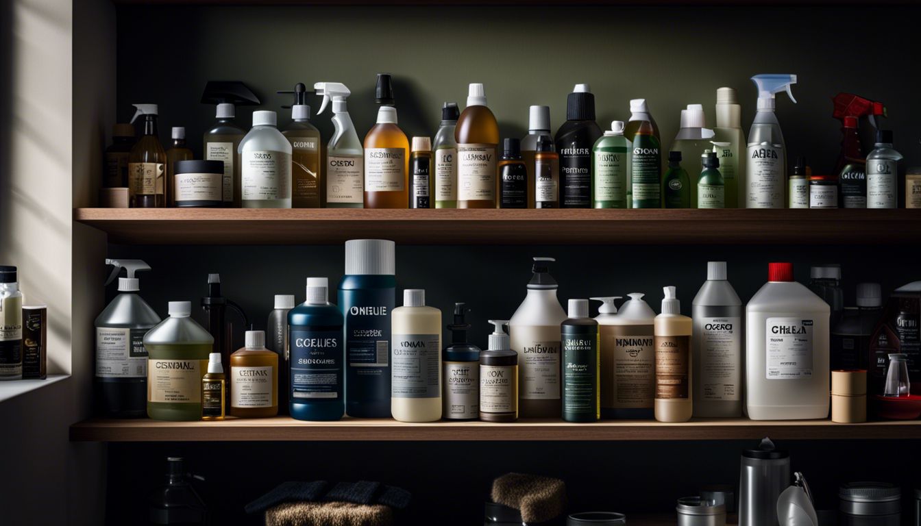 A shelf with cleaning chemicals and containers, captured in a clear and detailed photograph.