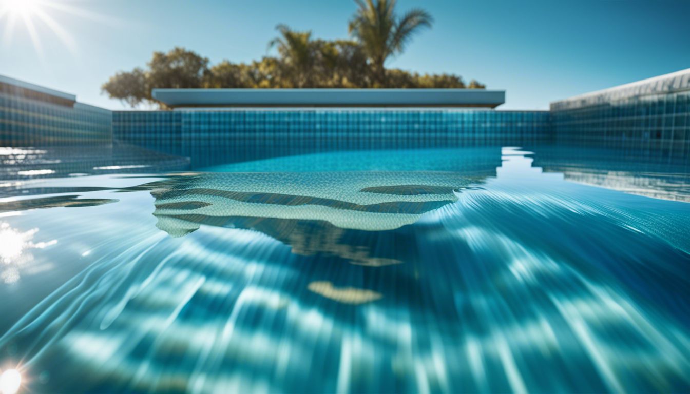 A sparkling pool with glass tiles reflecting a clear blue sky, creating a vibrant and enticing atmosphere.