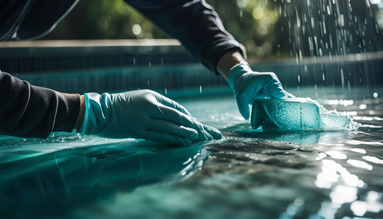 A gloved hand scrubs a dirty glass pool tile, creating a bustling atmosphere in a cinematic, photorealistic image.