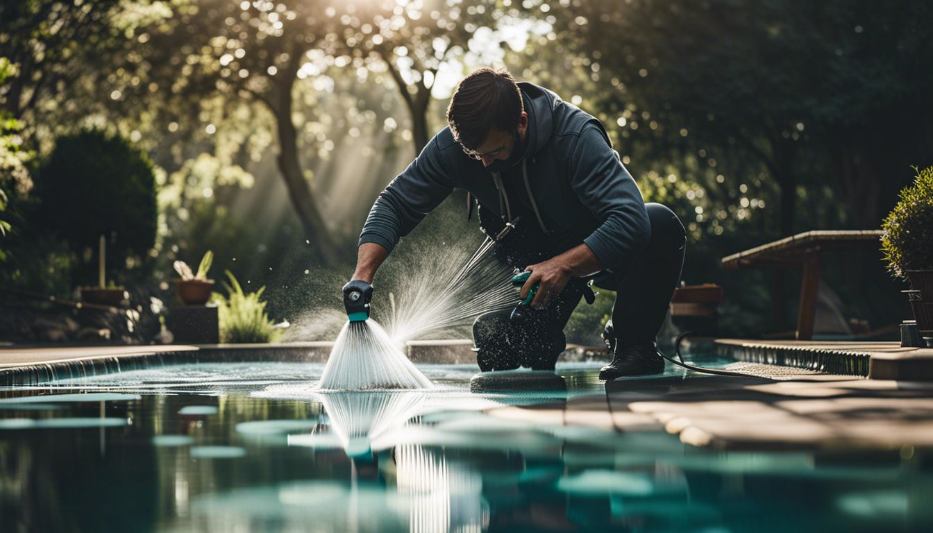 A person pressure washing glass pool tiles outdoors in a bustling atmosphere to achieve a crystal-clear look.