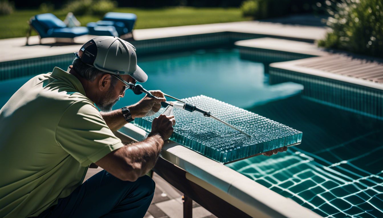 A pool maintenance technician cleaning glass pool tiles with pool equipment in the background.