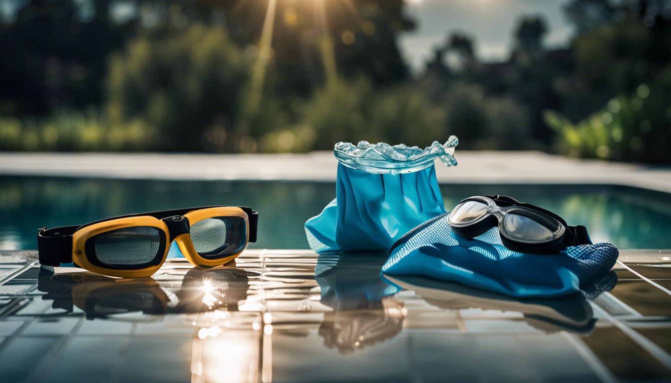A pair of gloves and goggles placed on a glass pool tile surface create a vibrant and busy atmosphere.