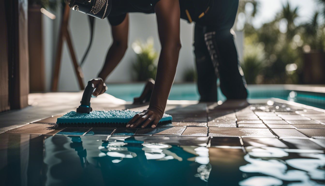A person cleaning pool tiles using stain erasers and cleaning products.