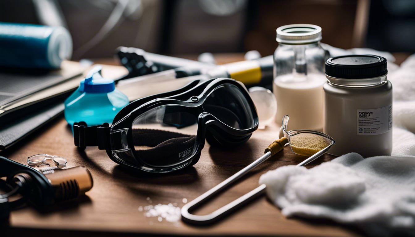 A table filled with cleaning supplies and chemicals, with protective gloves and safety goggles lying on top.