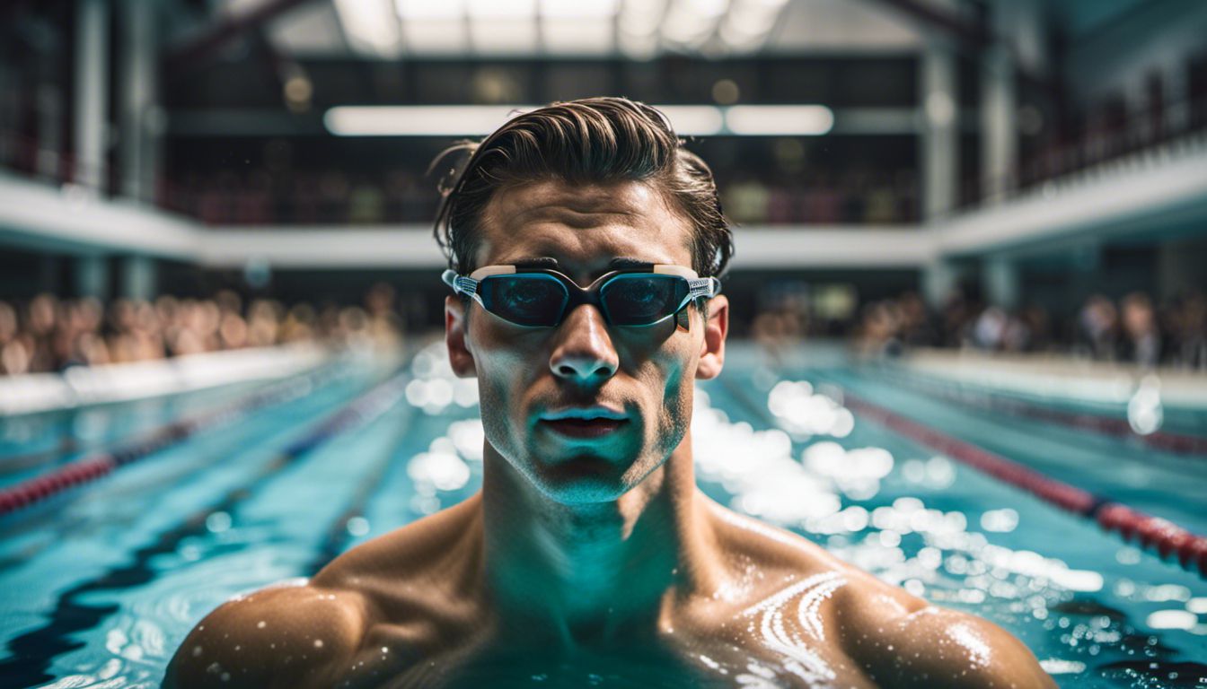 A male swimmer in a bustling pool surrounded by other swimmers, captured in a well-lit and cinematic style.