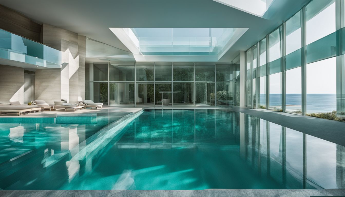 A photo of people of diverse backgrounds enjoying a modern turquoise swimming pool with glass tiles.