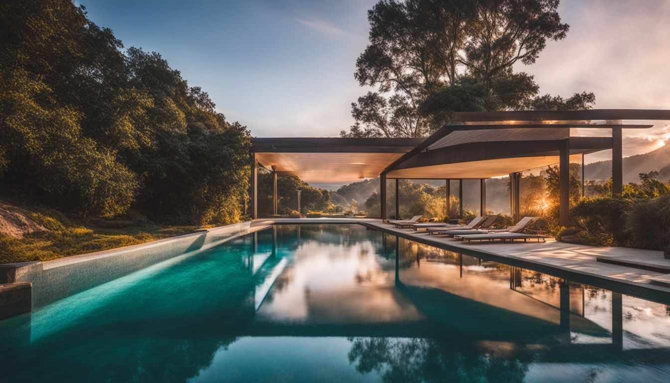 A stunning pool with a quartz aggregate finish, surrounded by diverse individuals and vibrant colors.