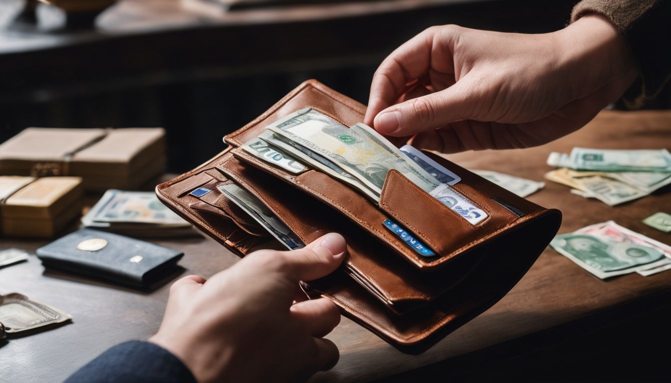 A Caucasian person holding a wallet with various currency notes, surrounded by price tags in a busy setting.