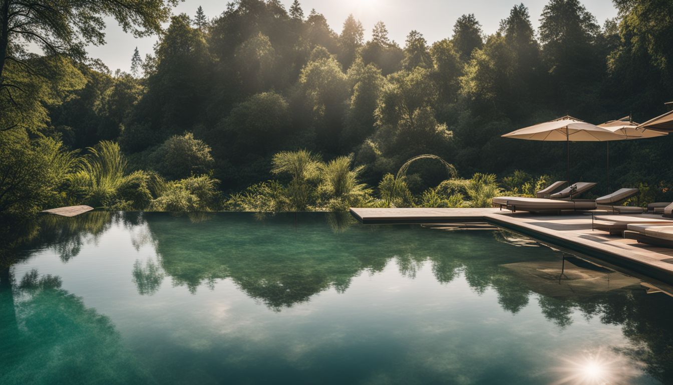 A beautiful pool surrounded by nature, featuring diverse individuals in various outfits and hairstyles.