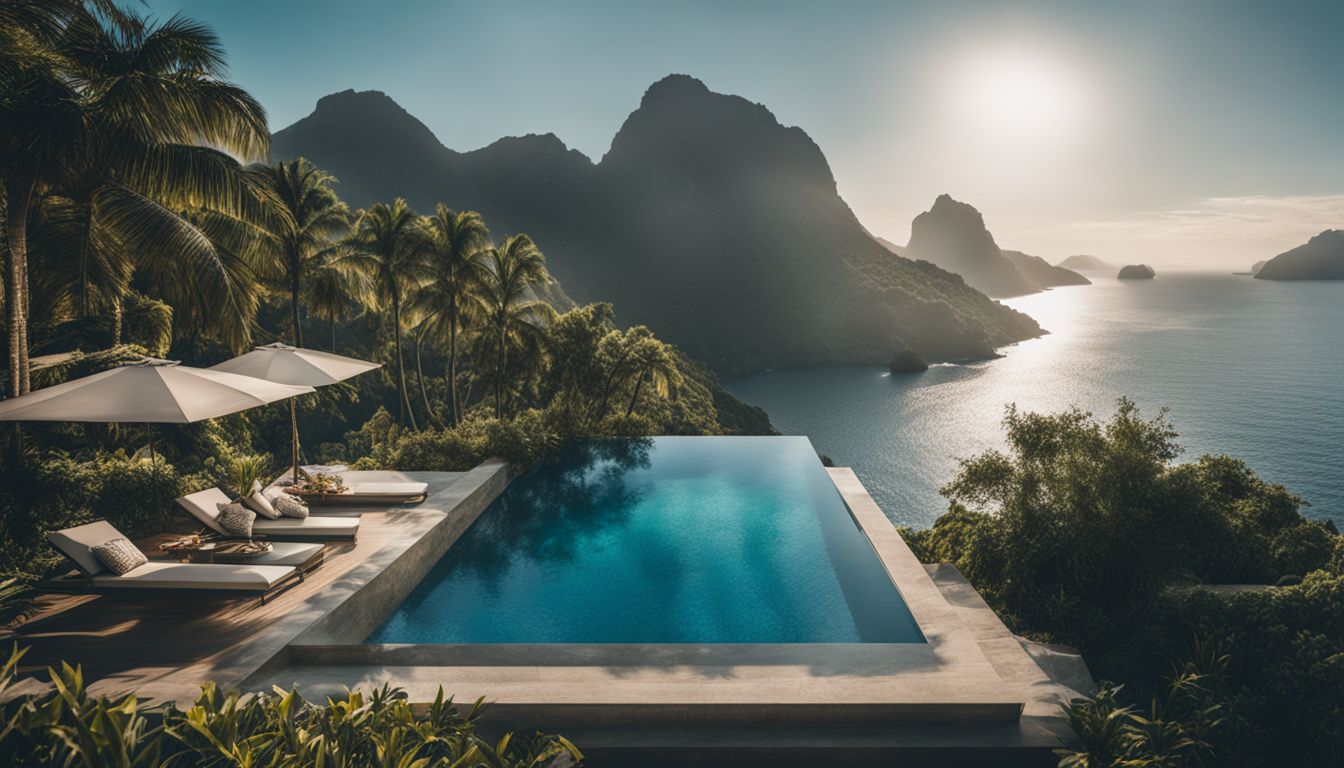 A stunning pool in a tropical landscape with various people, hairstyles, and outfits, captured in high-quality detail.