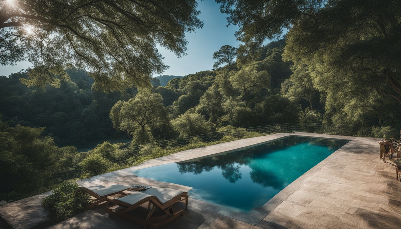 A photo of a sparkling blue pool surrounded by greenery, featuring diverse people with different faces, hair styles, and outfits.